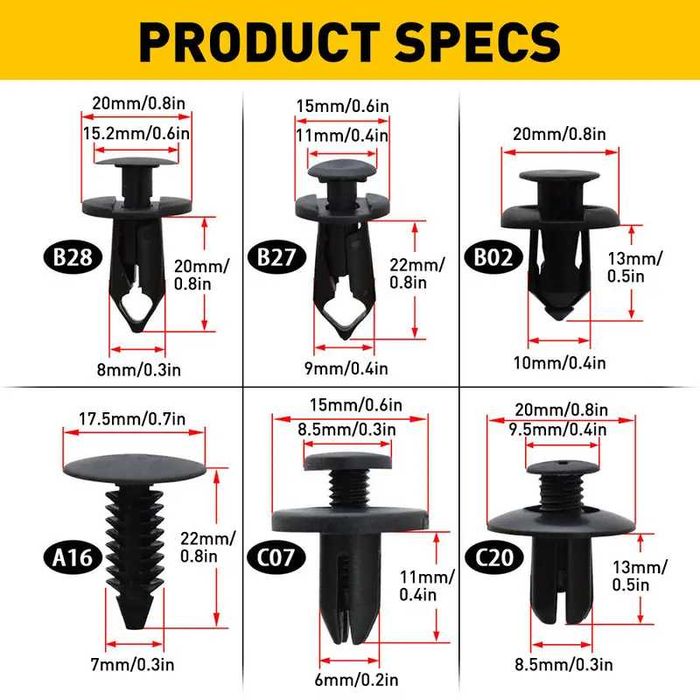 кліпси для кріплення підкрилків решітки радіатора дверних карт порогів