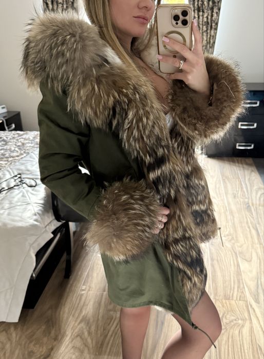 Kurtka parka nowa z futrem naturalnym S khaki