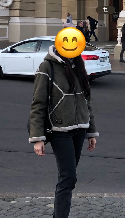 Дублянка дубленка оливкового болотного кольору хакі з еко хутром мехом