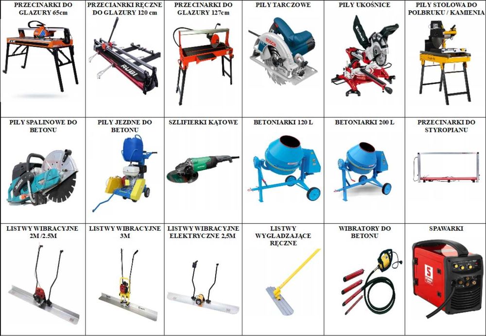 Wypożyczalnia wynajem sprzęt budowlany/ ogrodniczy / przyczepy/ lawety