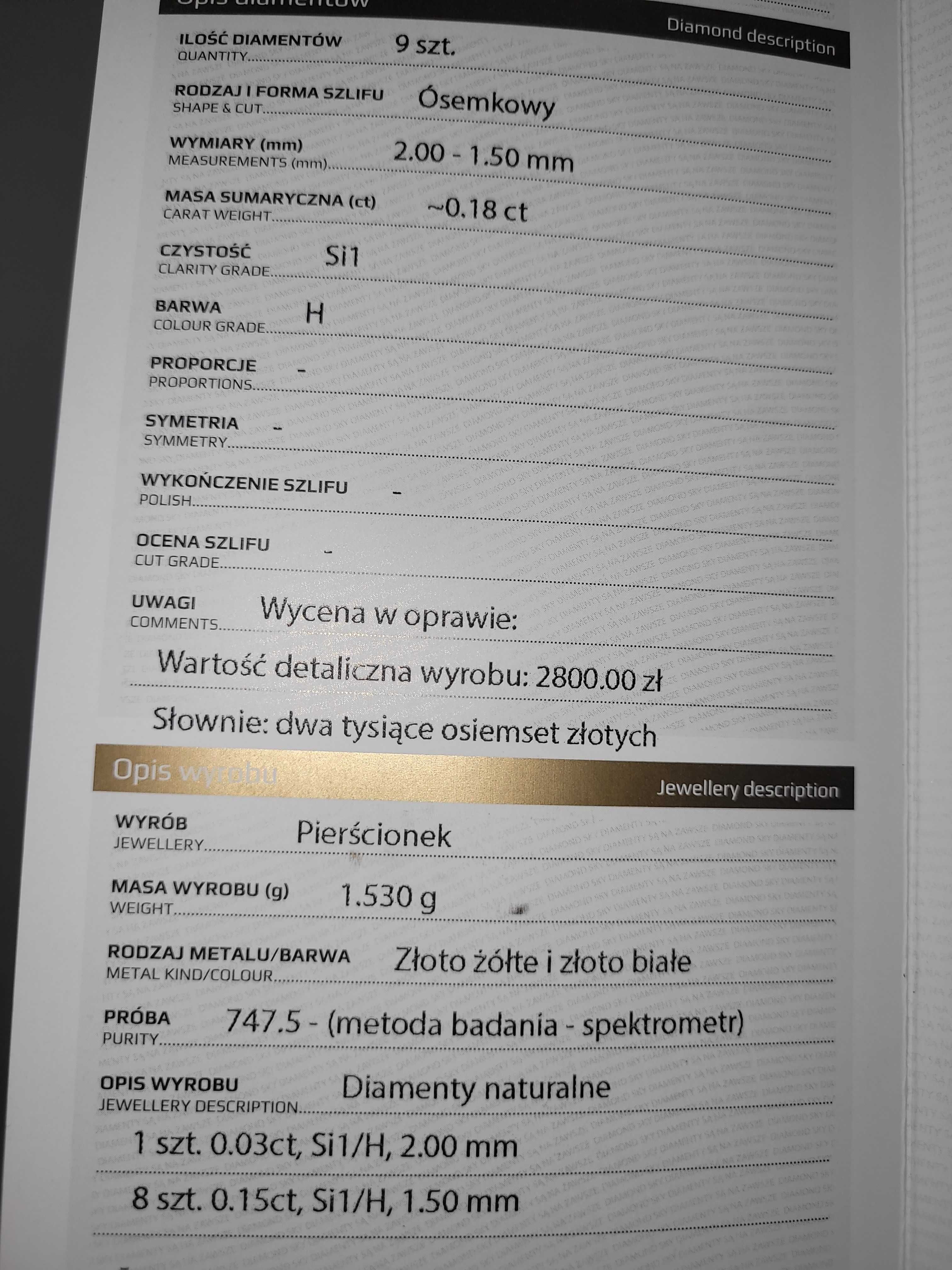 Złoty pierścionek z brylantami - certyfikat - Skup Wrocław