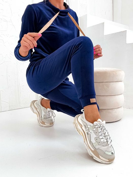 Komplet welurowy dres damski producent granatowy wstążka L 40 Moon