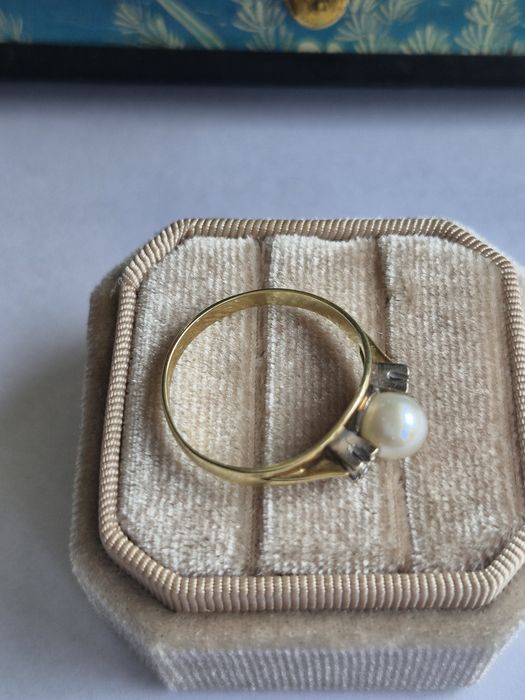 Retro pierścionek złoto 14 k perła diamenty R22 certyfikat
