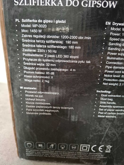 Szlifierka do gładzi gipsu Majster MP-0020 + 40 tarcz do szlifowania