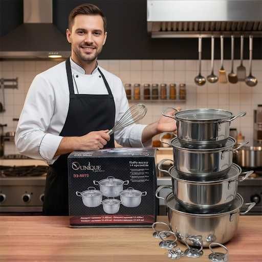 Набір каструль ∙ Нержавіюча сталь ∙ Термостійкі скляні кришки.Кастрюлі