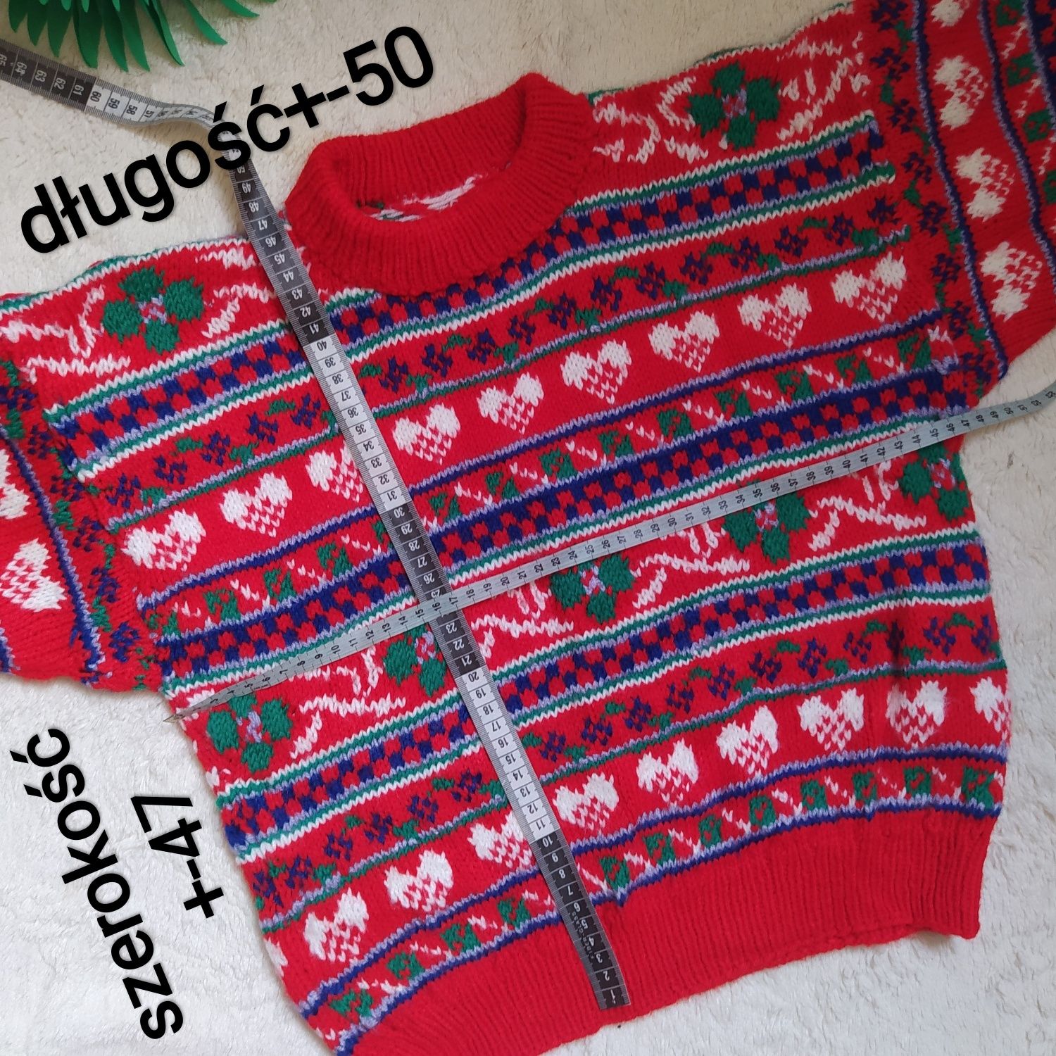 Zimowy świąteczny sweter retro vintage 128 140 dziewczęcy czerwony