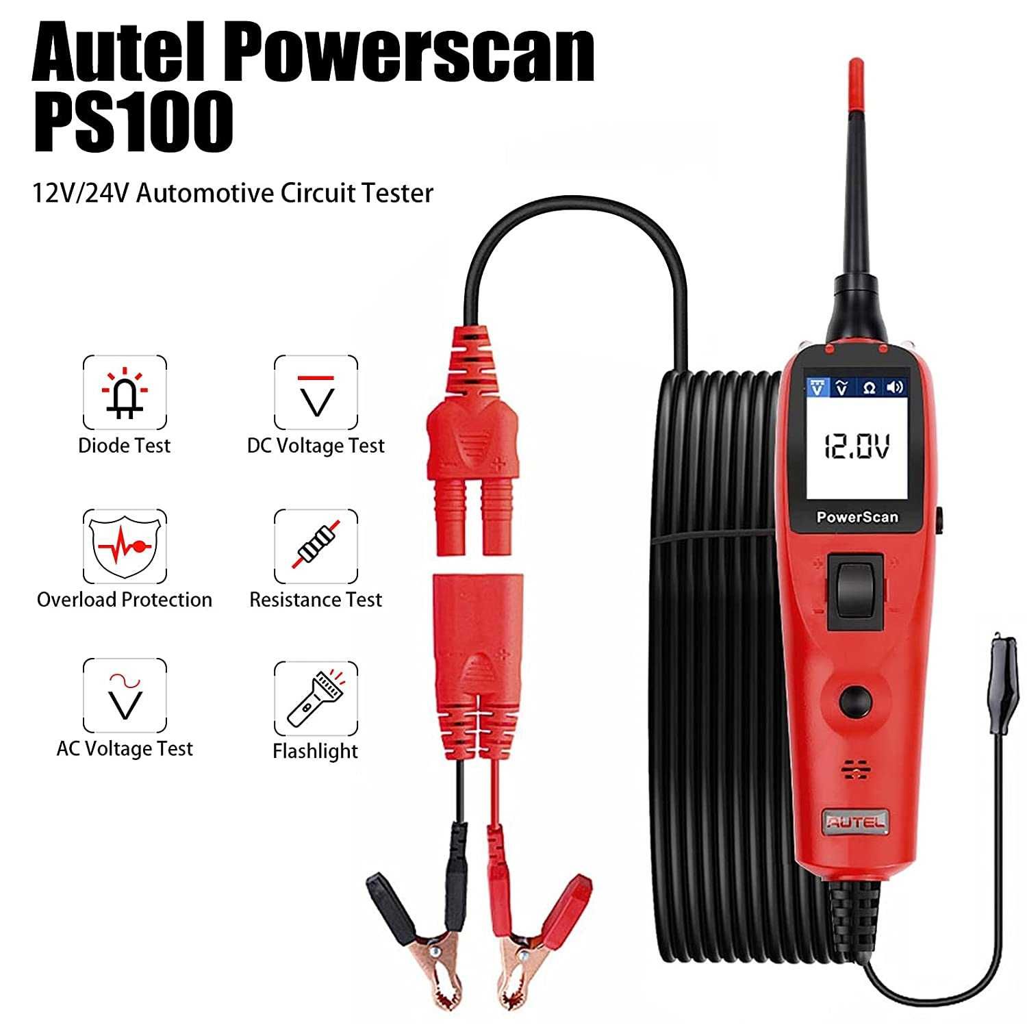 Máq. Teste circuitos elétricos auto Autel PowerScan PS100 - 12V/24V