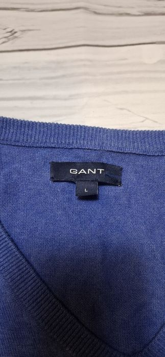 Sweterek męski Gant, v-neck, w serek, 100% bawełna, logo, premium