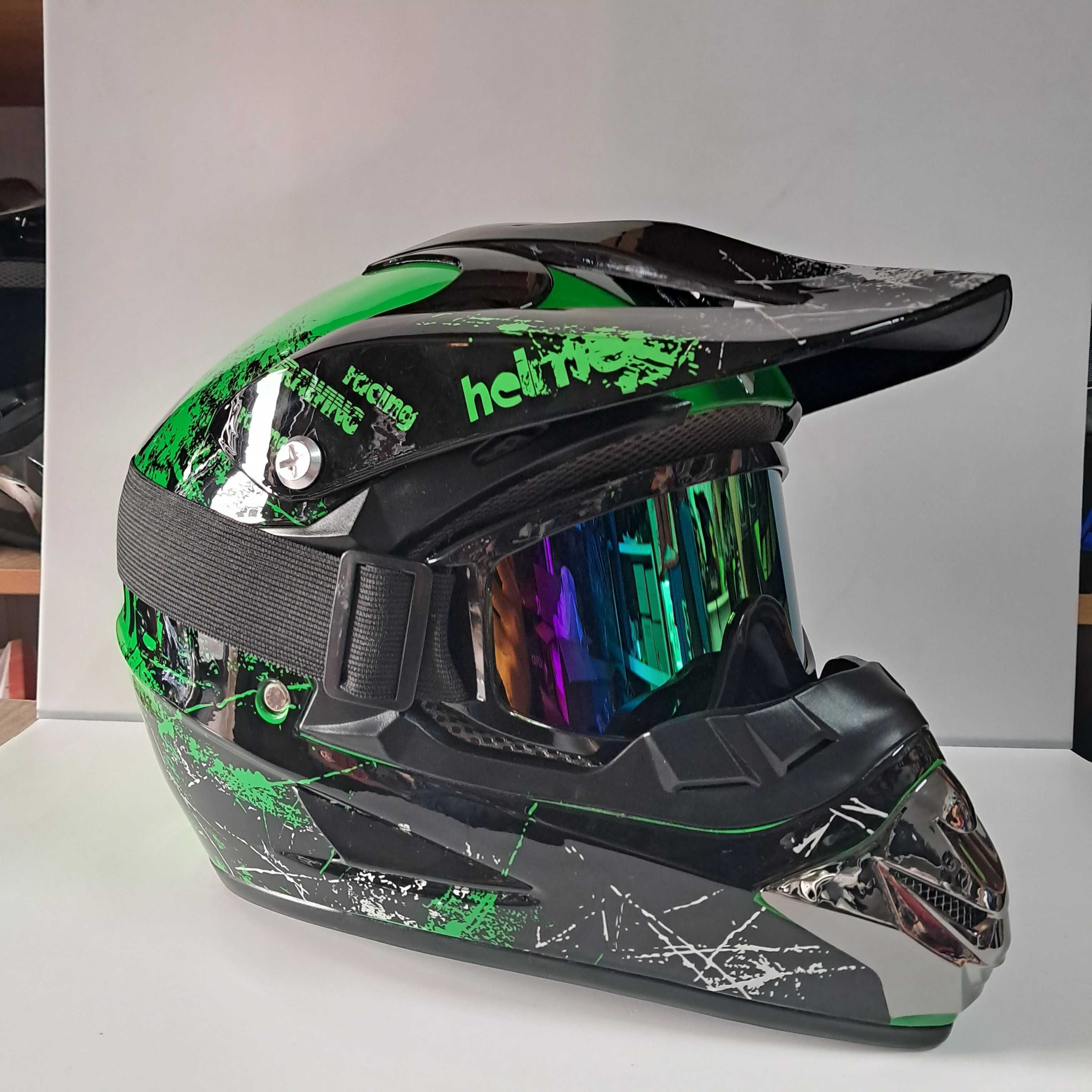 Мото шлем Эндуро FullFace Green gloss с очками и перчатками
