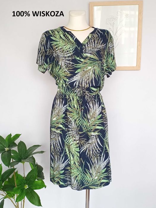 Granatowa zielona sukienka z kieszeniami 100% wiskoza S A. Hara 40 L