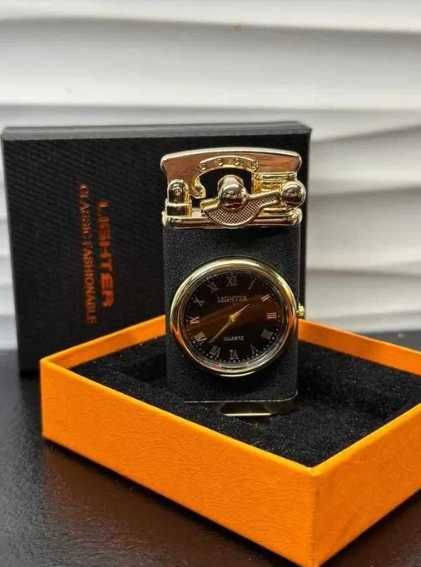 Metalowa Zapalniczka Gazowa + Zegarek - CZARNY