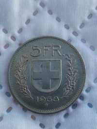 Moeda de Prata Antiga 5 Francos Suíços de 1968
