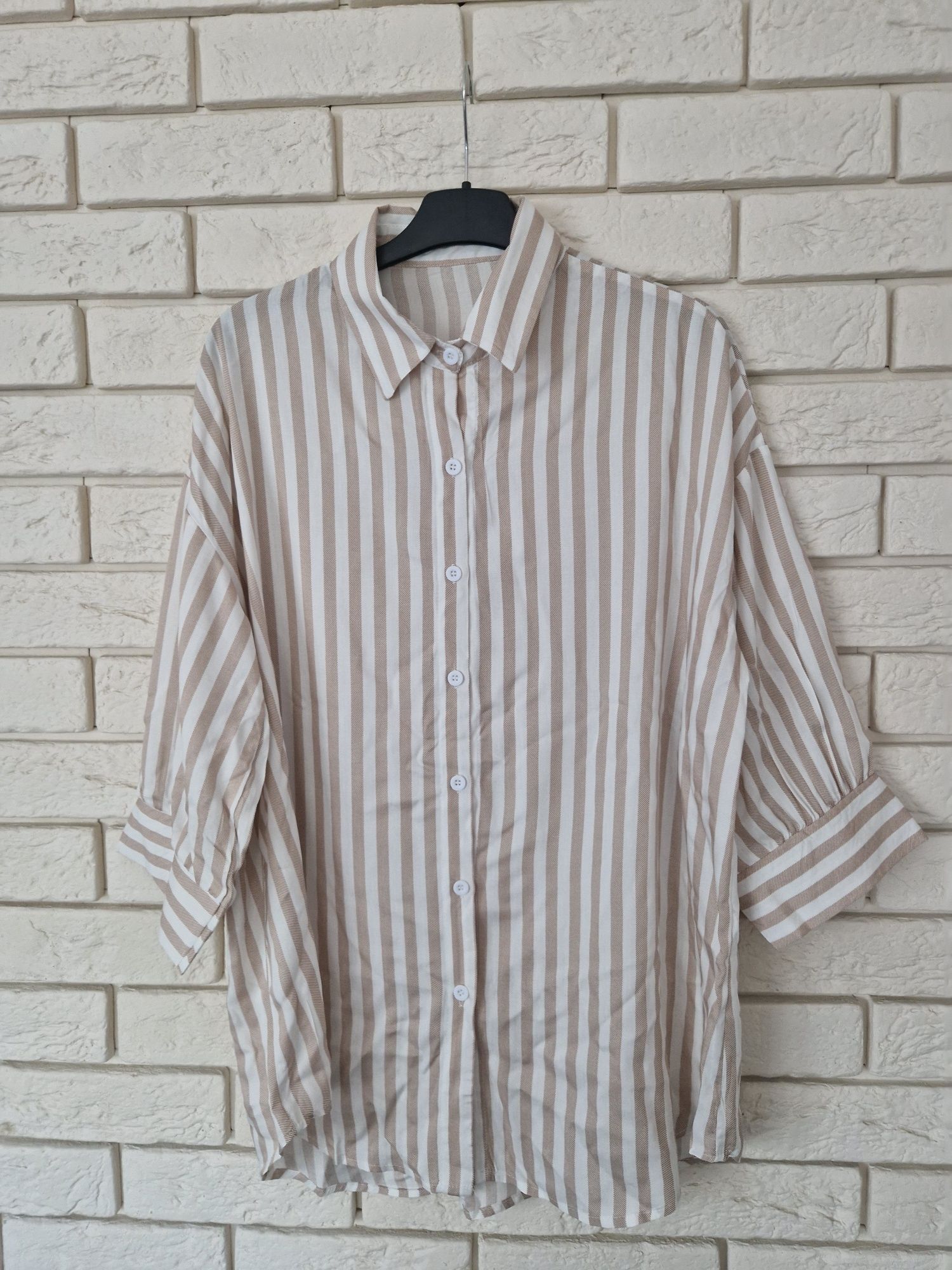 Beżowo-biała koszula w paski z wiskozy 42 XL plus size