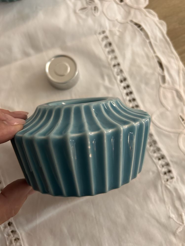 Par de porta velaa em porcelana turquesa