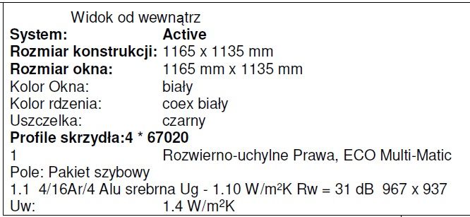 Okno PCV kol. biały wymiar szer. 1165 x wys. 1135 do otworu 120x120