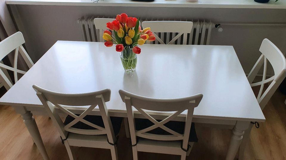 Piękny stół biały rozkładany ikea ingatorp i 6 krzeseł stan j. Nowy