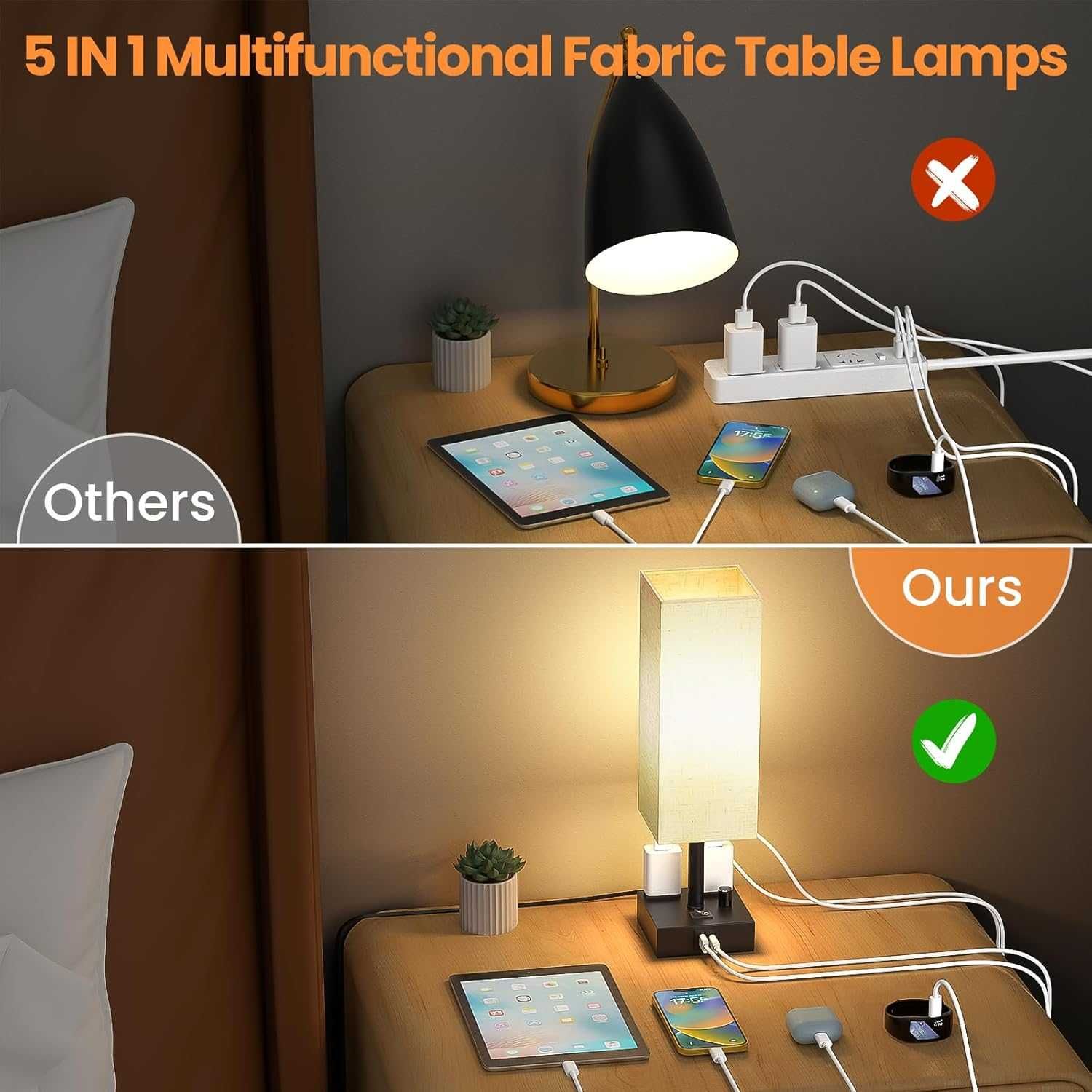 Lampka nocna Z gniazdami USB, USB-C, Abażur z tkaniny, VINTAGE