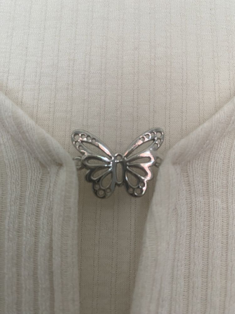 H&am bluzka top biały kremowy motyl dekolt prążki