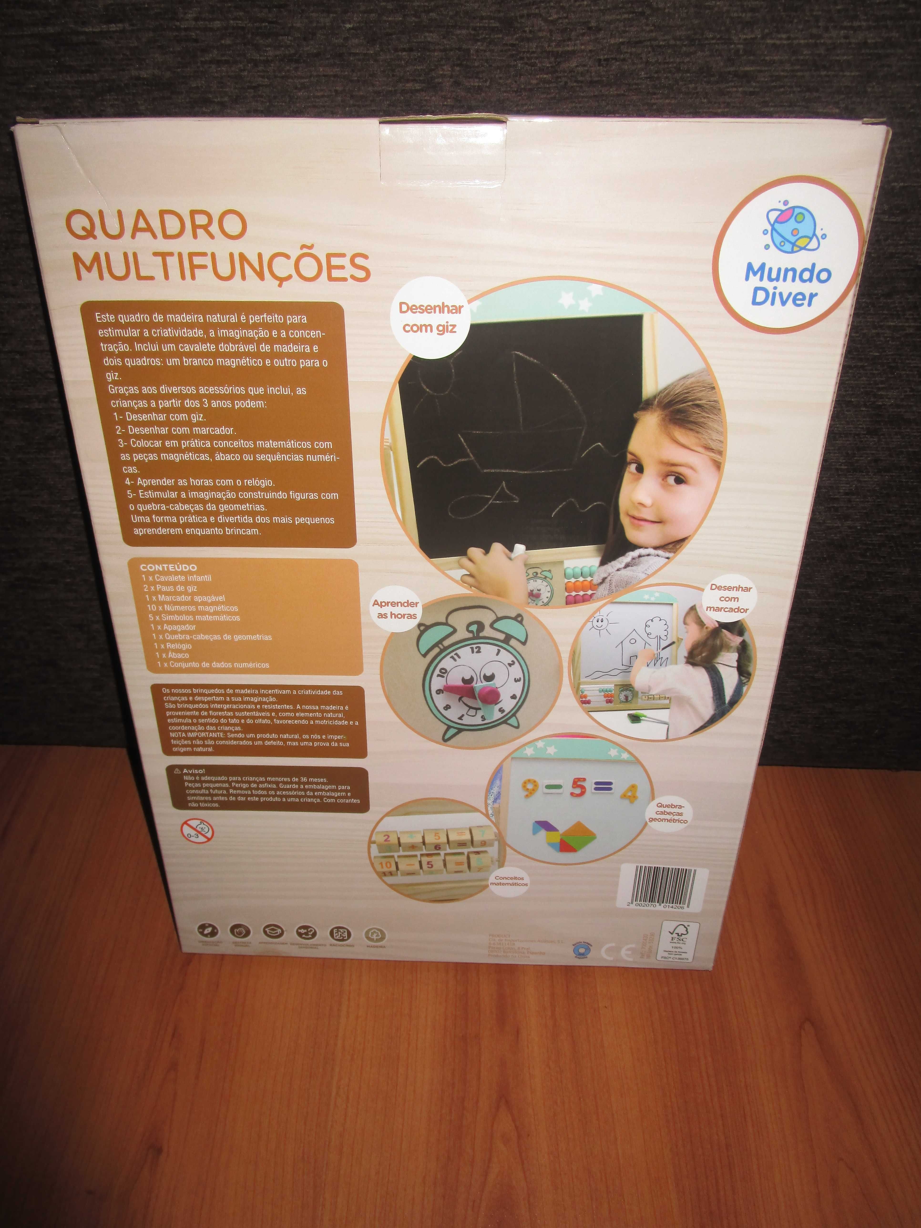 Quadro Didático Multifunções 5 em 1 para criança, c/ 2 lados distintos