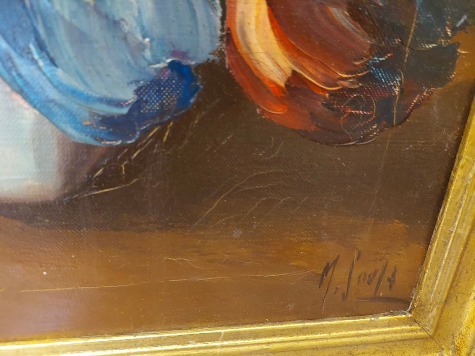 Lindo quadro a óleo flores com moldura m sousa pintura