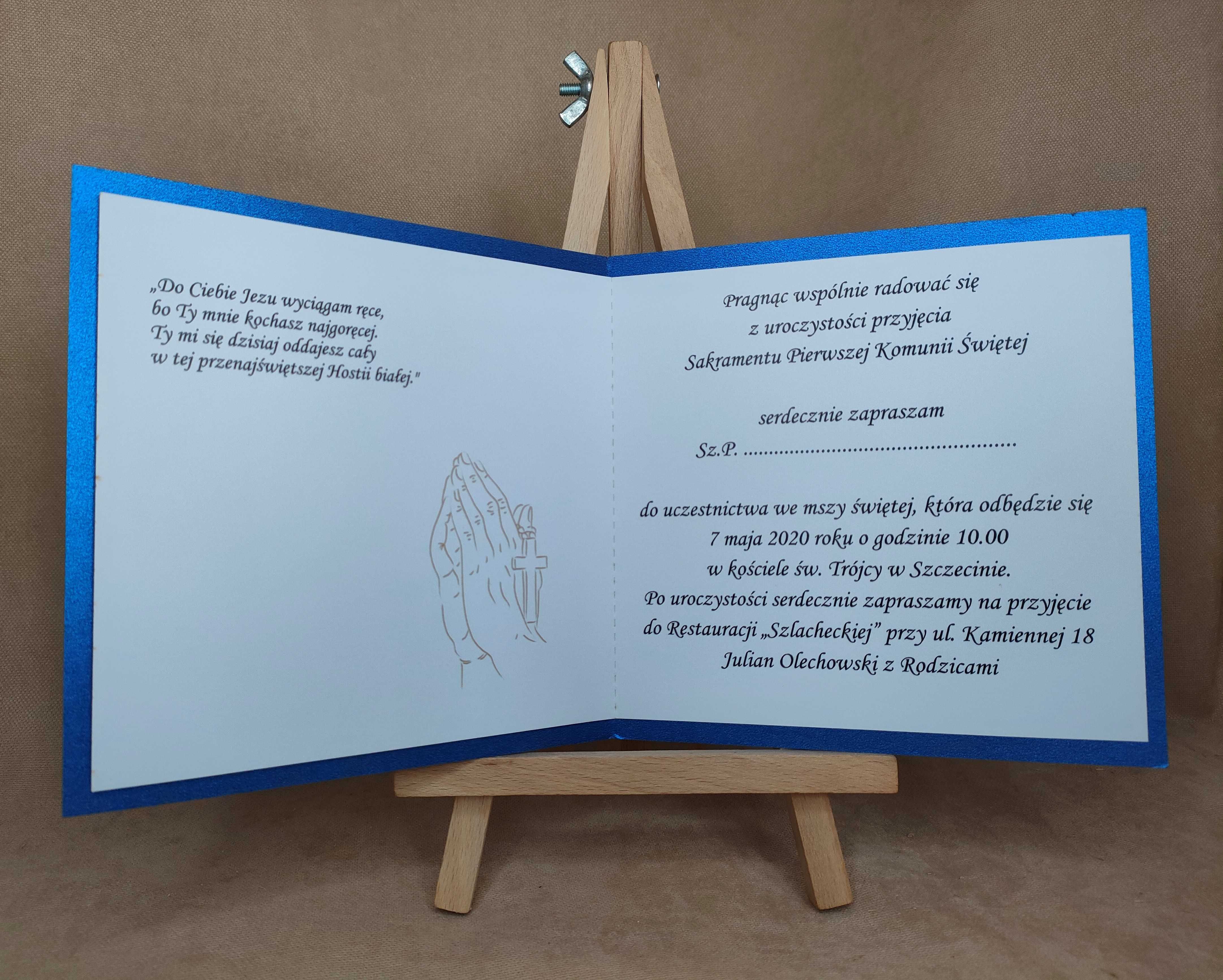 Zaproszenia Komunijne niebieskie wycinane laserowo na Komunię Kielich
