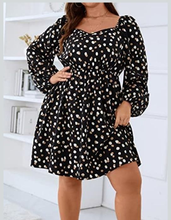 Sukienka Nowa Plus Size z nadrukiem w kropki i rękawem typy lampion.