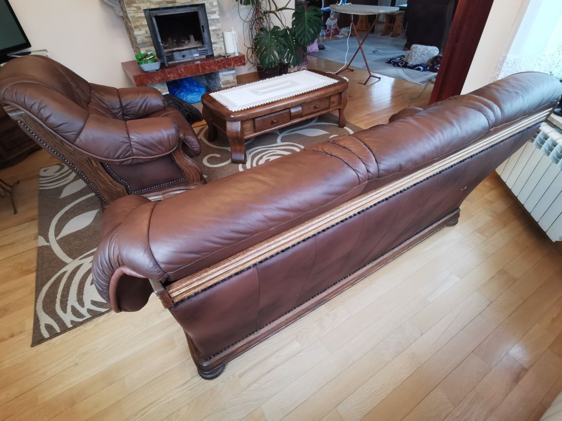 Zestaw wypoczynkowy sofa + 2 fotele skóra naturalna brąz drewno dębowe