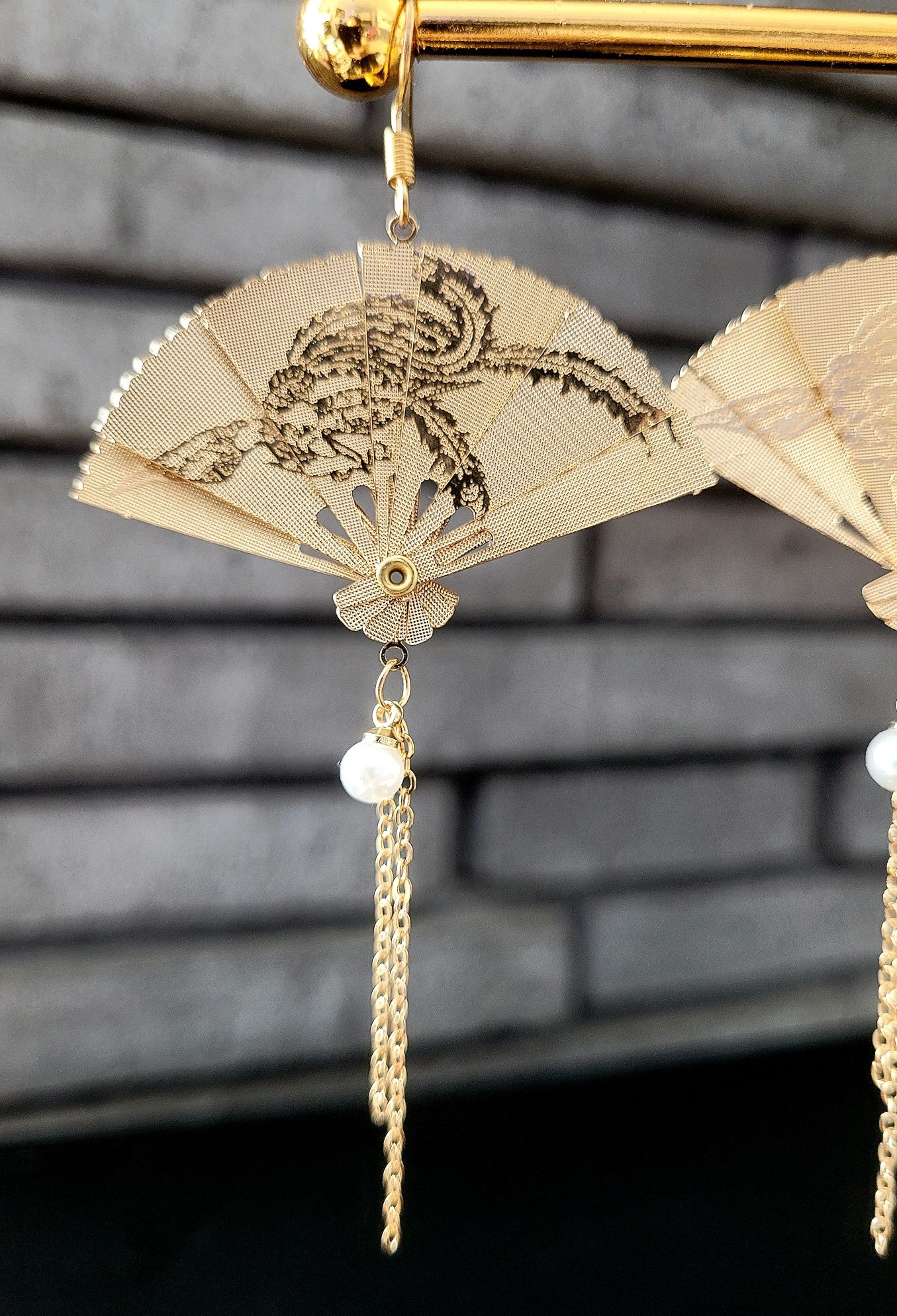 Długie kolczyki złoty japoński wachlarz japan style