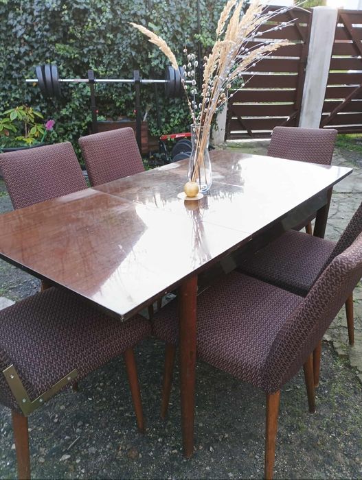 Meble PRL drewno , stół + krzesła 6sztuk Chierowski - patyczaki