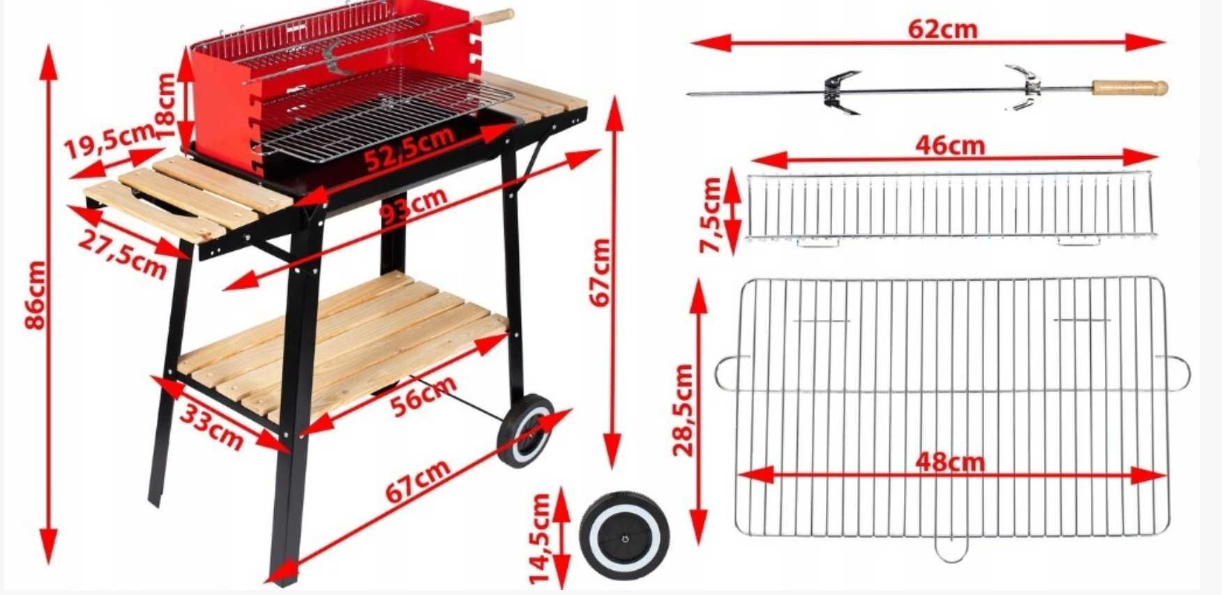 duży Grill ogrodowy na węgiel drzewny, 88x44x83 cm, z kółkami 3676
