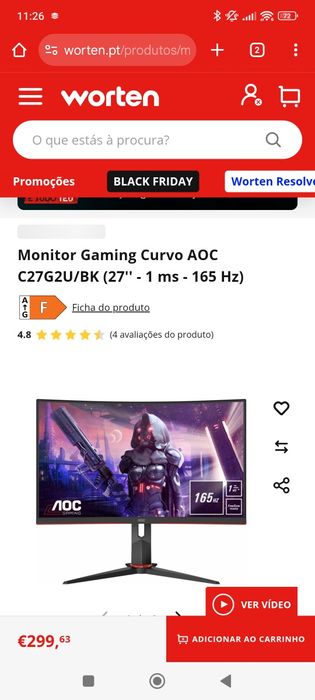 Monitor Curvo AOC C27G2U/BK VA 27" FHD 16:9 165Hz FreeSync