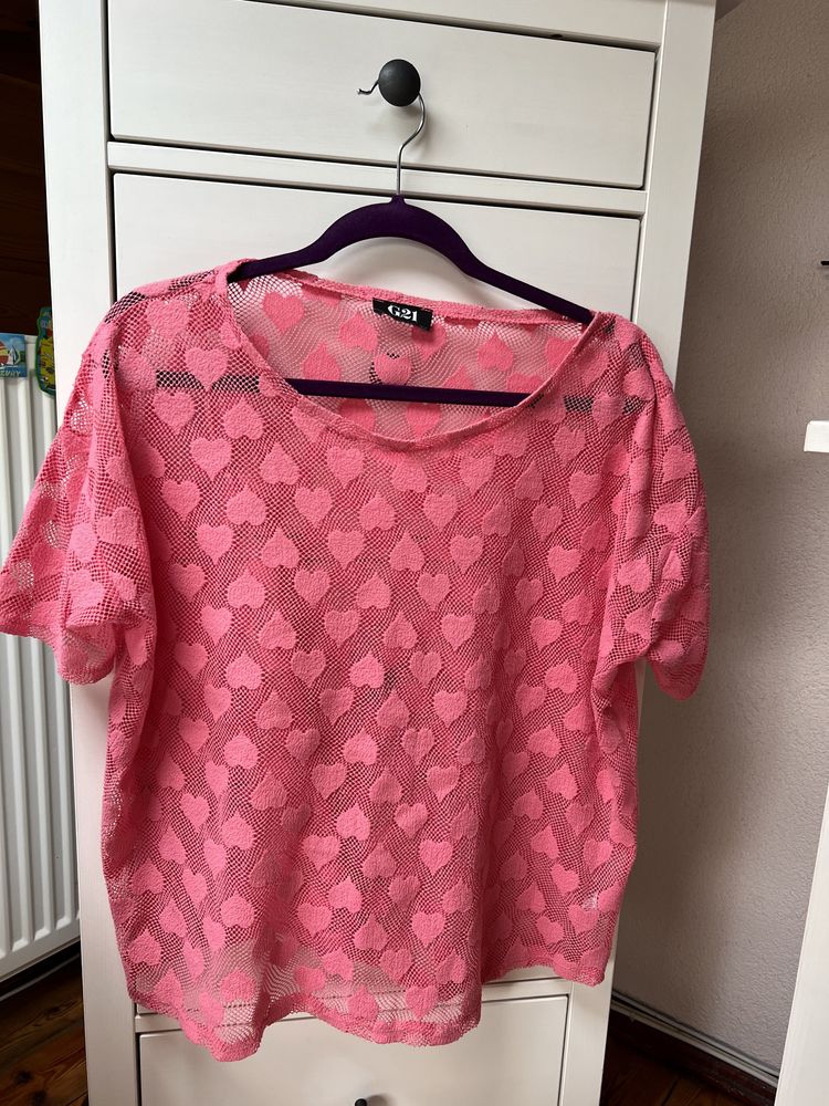 Rózowa koszulka t-shirt serduszka prześwitująca oversize