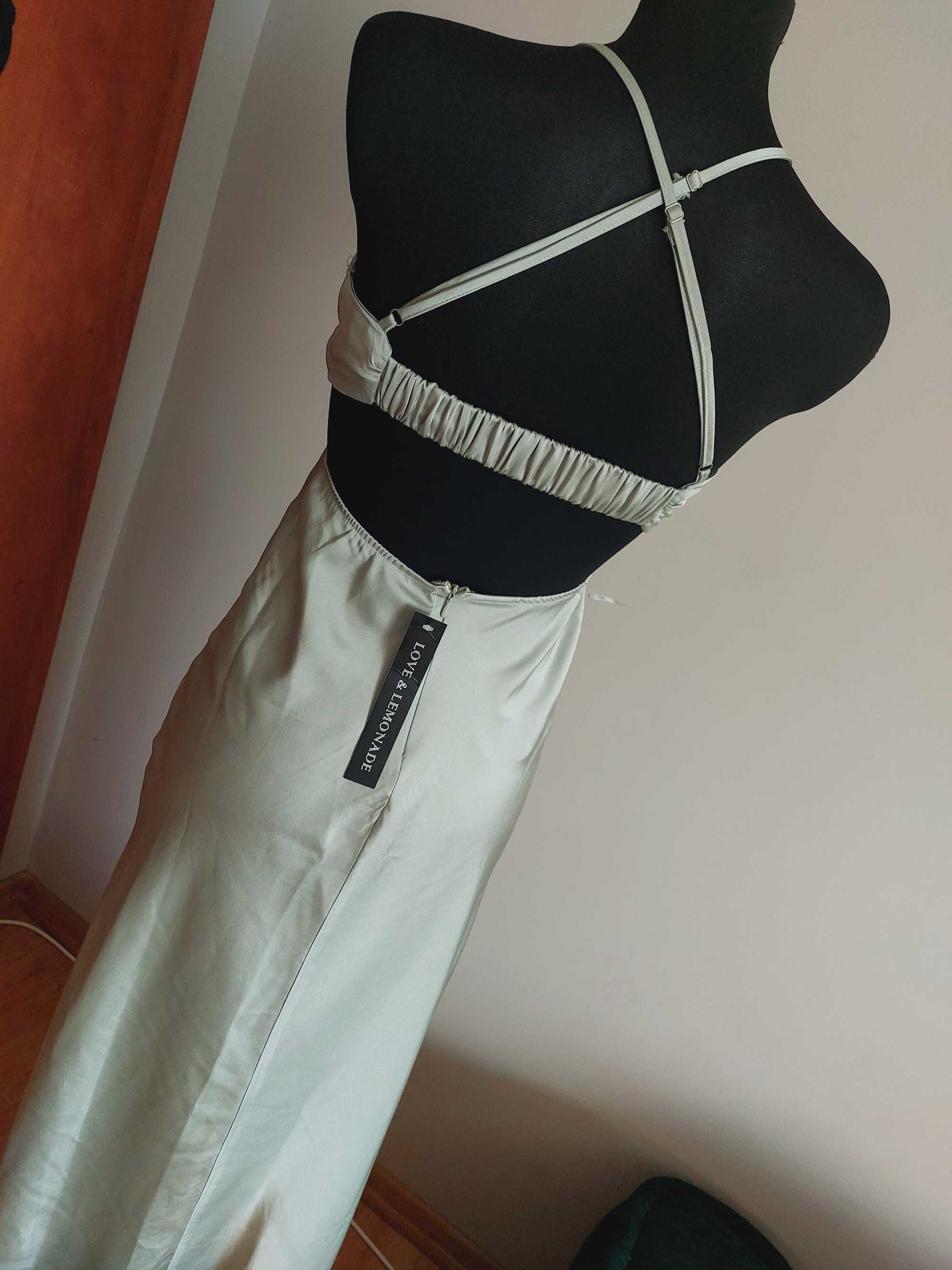 Satynowa sukienka maxi długa xs s m wycięcia shein wizytowa