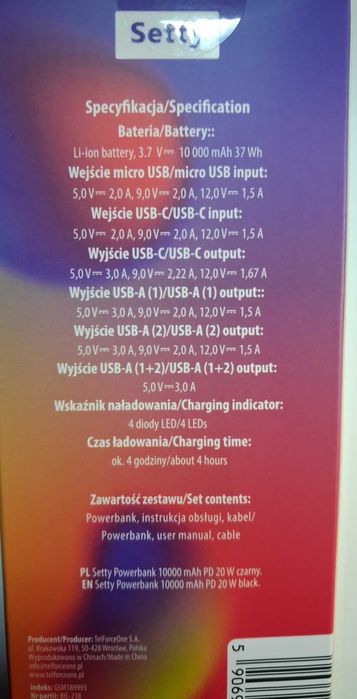 Power Bank 10000 mAh Sett Bateria przenośna 20W