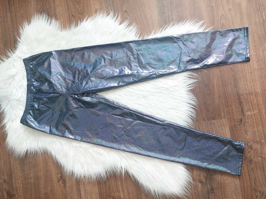 Legginsy disco blyszczace legi spodnie na gumce niebieski brokat s m l