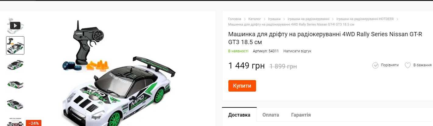 Машинка для дрифту на радіокеруванні Nissan GT-R 4WD дрифт 1:24