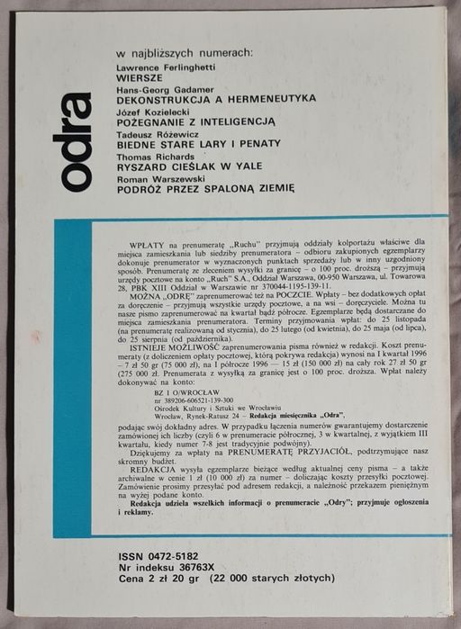 Miesięcznik Odra, grudzień 1995, Duby, Giełżyński, Kozioł, Lem