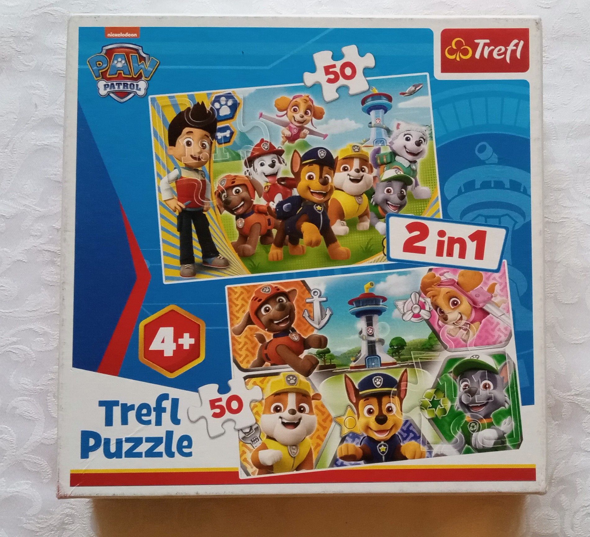 puzzle, psi patrol, 2w1, 2 obrazki, 4+, trefl, pieski, skye układanka