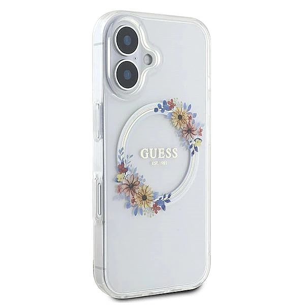Etui Guess IML Flowers Wreath MagSafe na iPhone 16 - przezroczyste