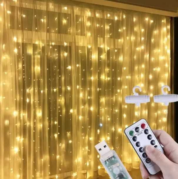 Гірлянда штора USB , 3х3 м, 8 режимів, пульт, 300 Led тепле світло