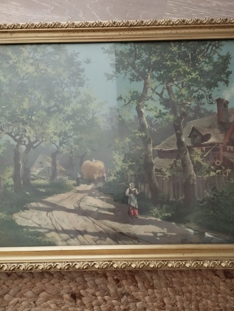 Stary obraz vintage z podpisem, drewniana rama