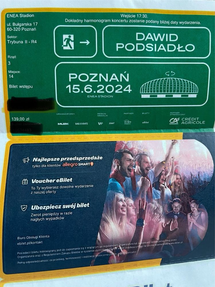 Bilet na koncert Dawida Podsiadło Poznań 15.06 miesjce siedzące