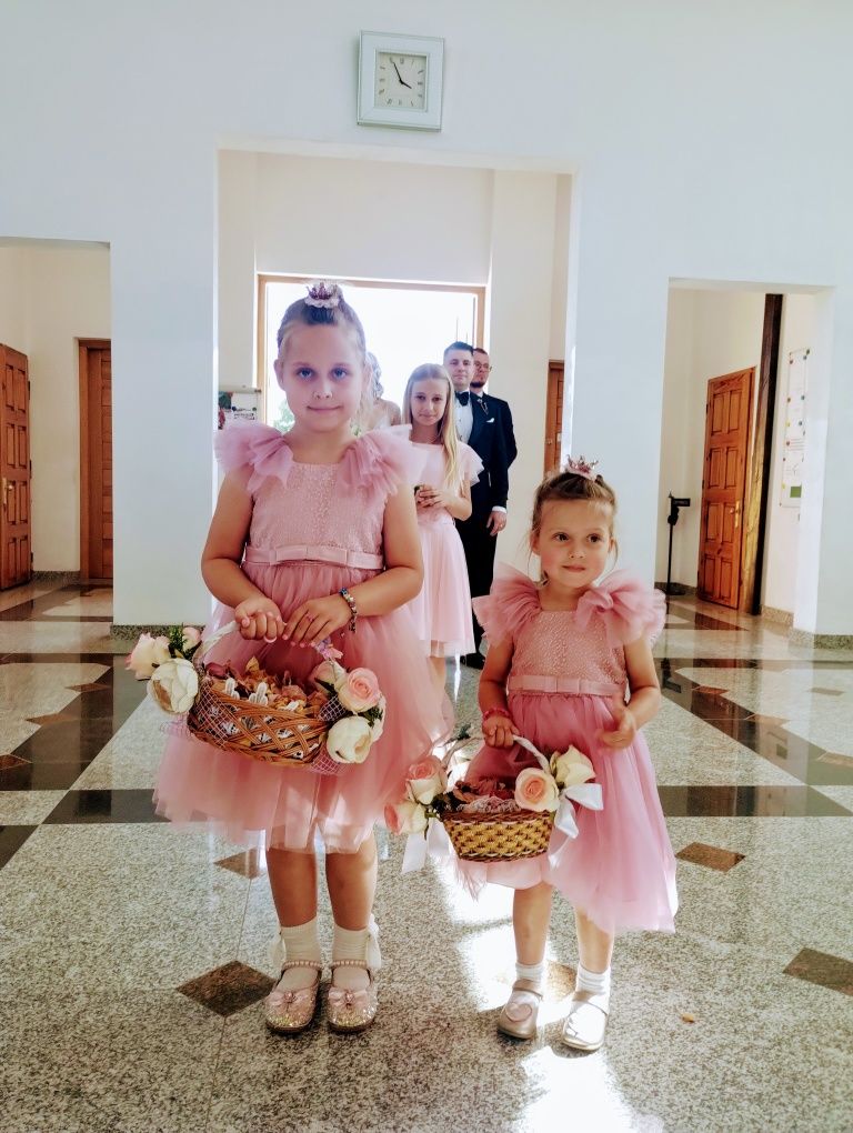Śliczna elegancka sukienka dla księżniczki 104 tiul pudrowy róż