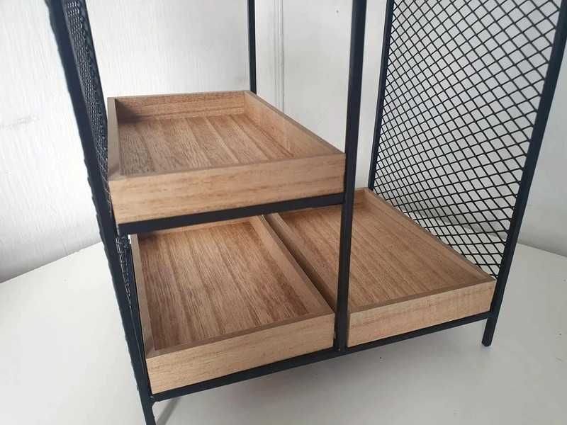 Czarny stojak organizer na biżuterię loft drewniany metalowy dom