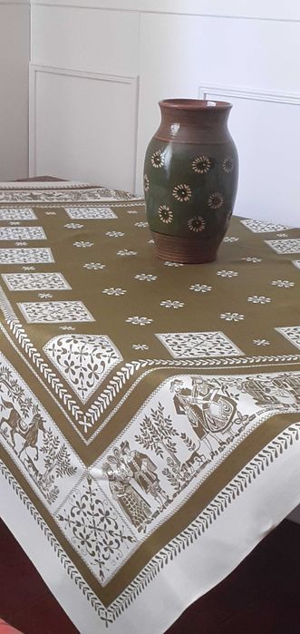 Obrus gruby lniany wzory etno folk biały i ciemna zieleń
