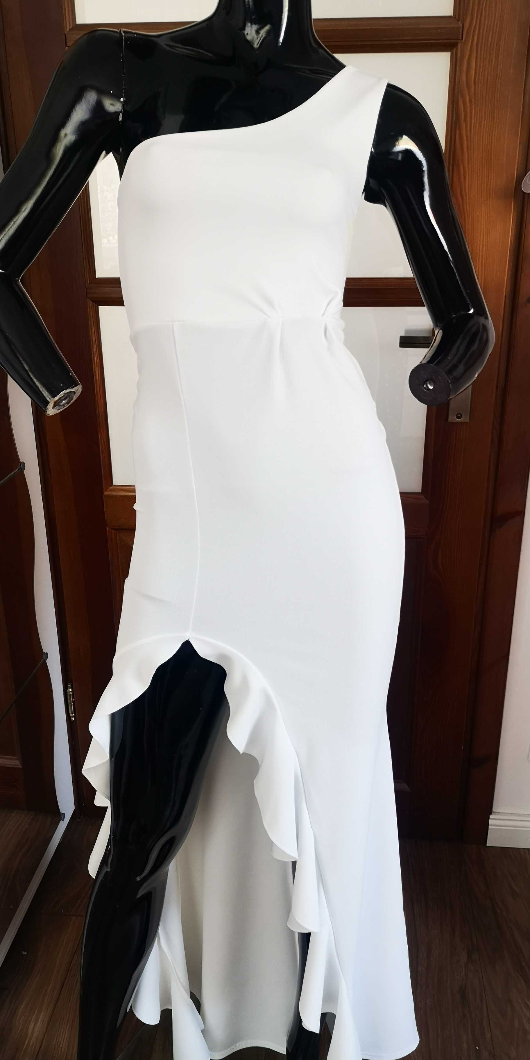 Biała sukienka z falbaną skośna 34