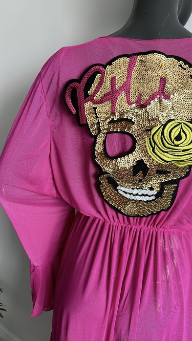 Różowe kimono plażowe narzutka szlafrok plażowy z czaszką