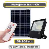 Projector Solar 100W + Bateria + Painel Solar + Comando + Acessorios