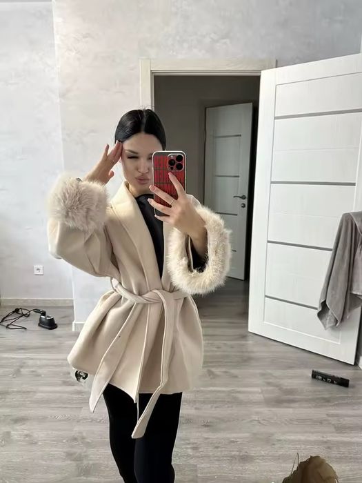 Пальто с мехом теплое пальто Gues пальто на запах с ремнем куртка мех