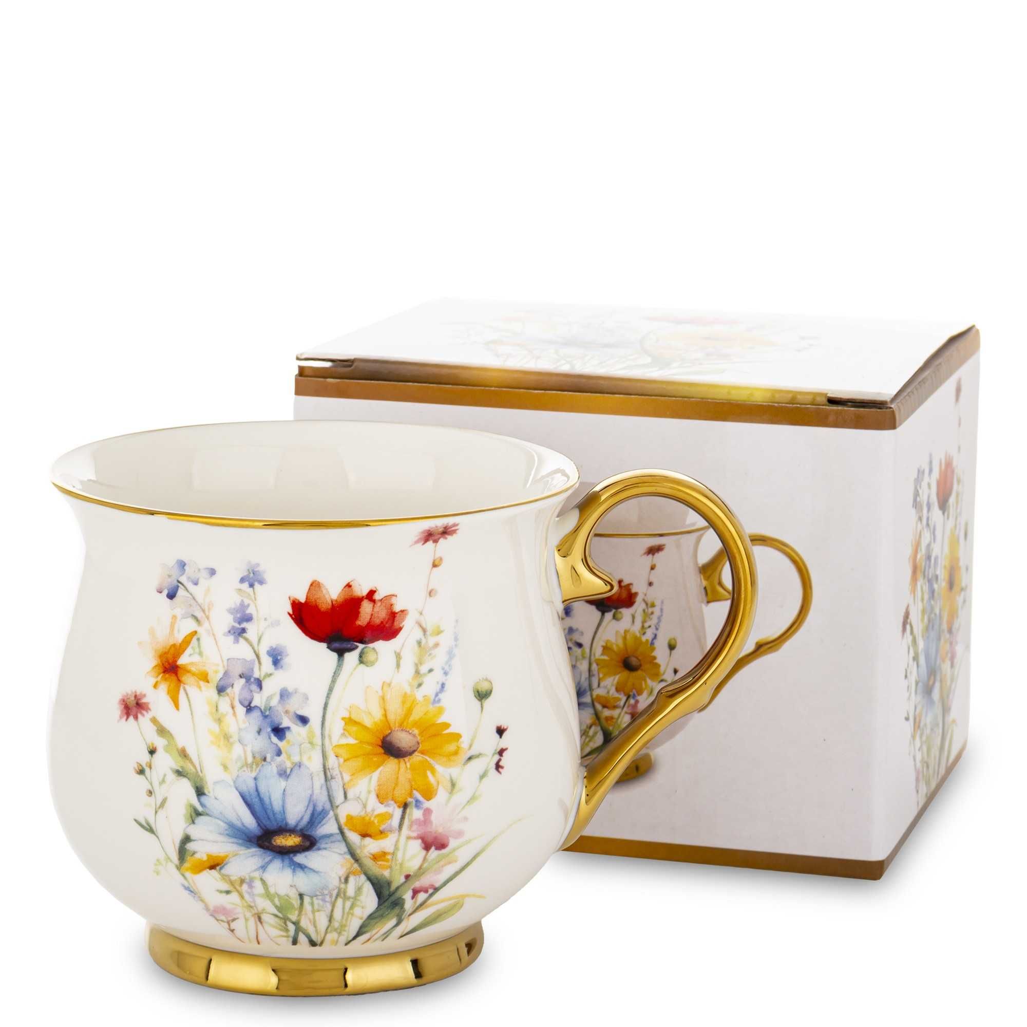 Kubek Porcelanowy Filiżanka do Kawy Herbaty 450 ml Biały Kwiaty Złoty